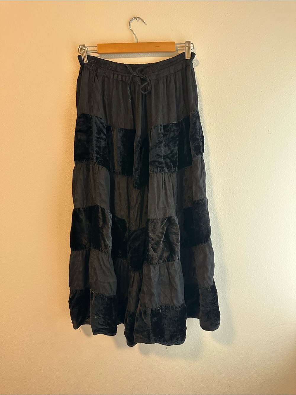Vintage Boho Black Tiered Maxi Skirt Velvet and Floral print Panels size large